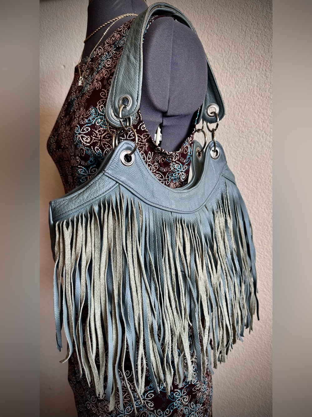 Vintage Leather Grey Fringe Hobo Shoulder Bag Purse